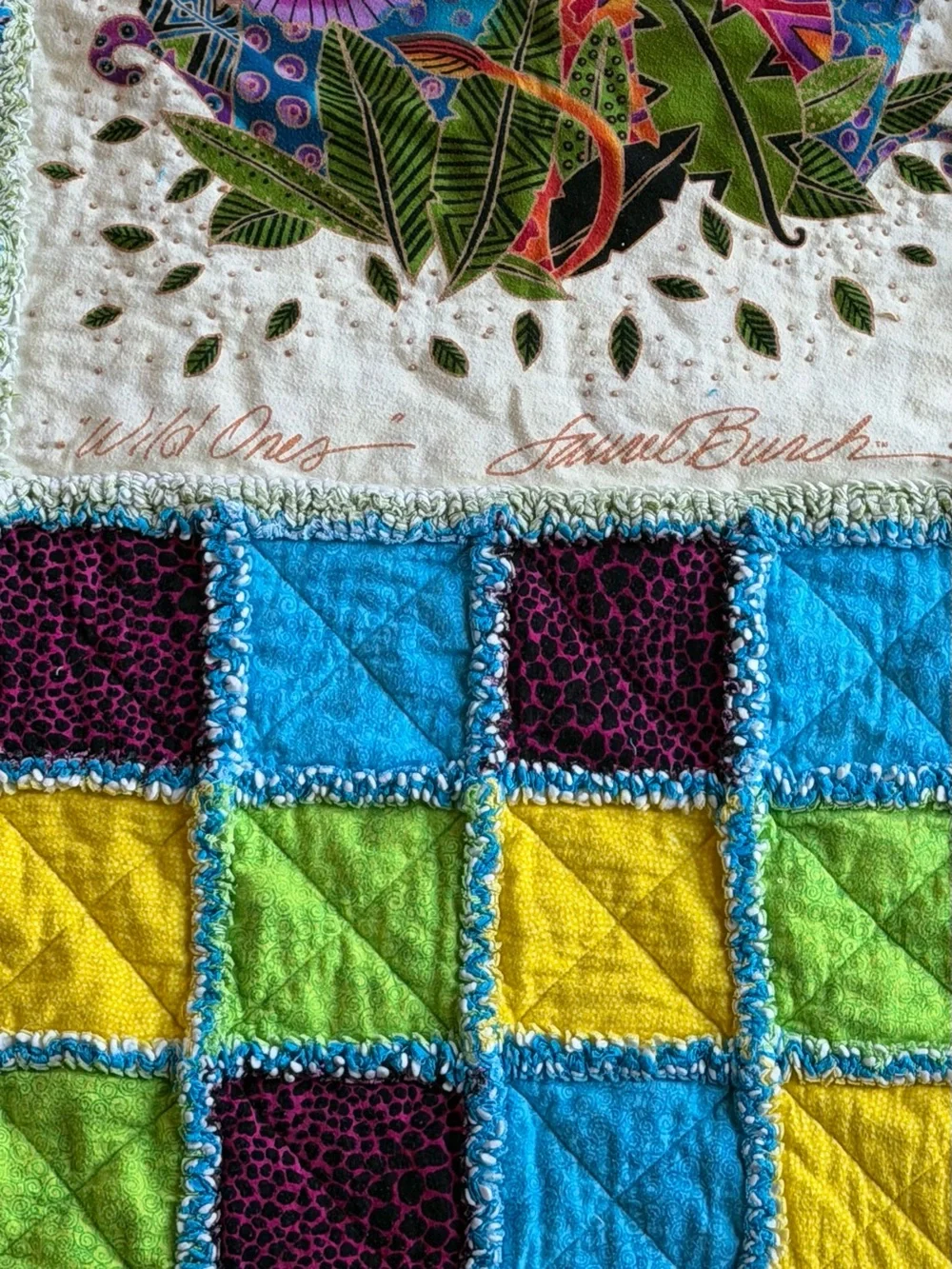 Handmade Laurel Burch “Wild Ones” Rag Quilt Throw 57” x 56” Vintage Cat Art